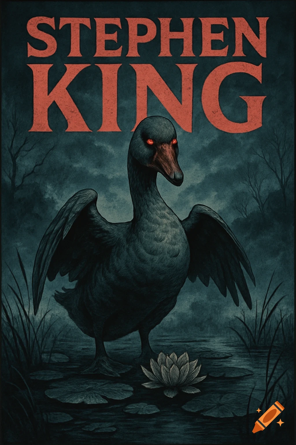 A dark, stylized illustration of a menacing black goose with glowing red eyes, standing in a lily pond under a dark sky. The text 'STEPHEN KING' is prominent at the top, like a book cover.