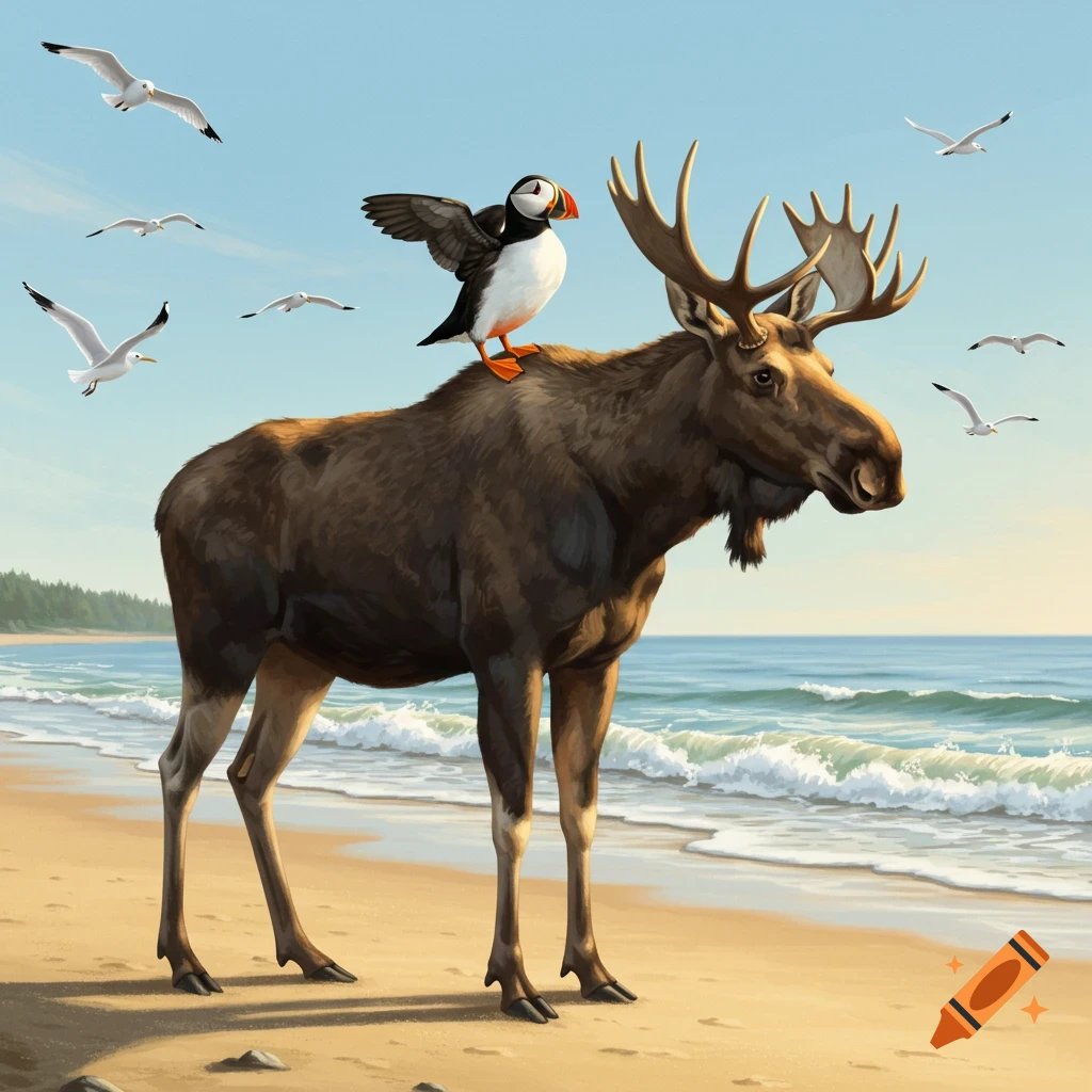 A puffin bird stands on the back of a large moose at a sunny beach with seagulls flying overhead.