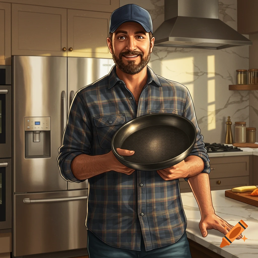 A smiling man in a blue plaid shirt and baseball cap stands in a modern kitchen, holding a black frying pan.
