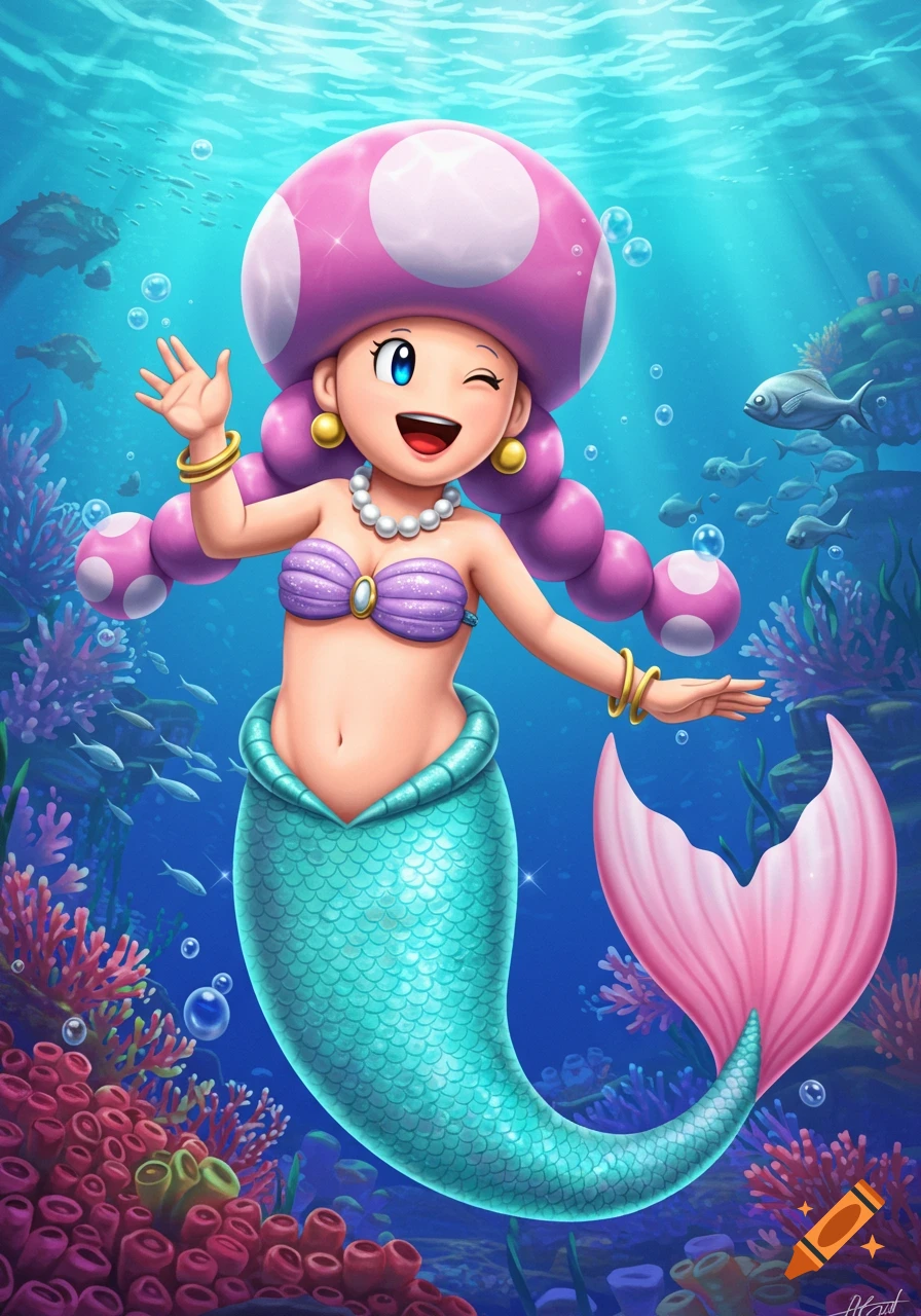 Toadette as a cheerful mermaid with a pink mushroom cap, lavender seashell top, pearl necklace, and turquoise and pink tail, waving underwater among coral and fish.