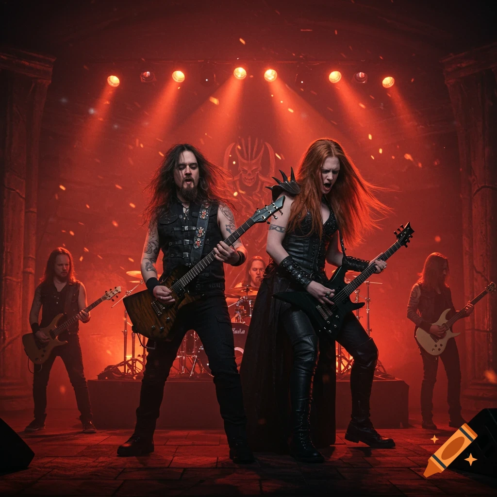 A symphonic metal band performs on stage under dramatic red lighting. A male guitarist with long black hair and a female guitarist with long red hair are in the foreground.