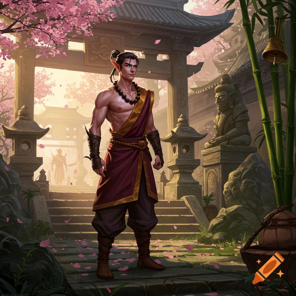 A muscular, half-elven male monk stands in a vibrant cherry blossom temple garden with stone lanterns and bamboo, in a fantasy art style.