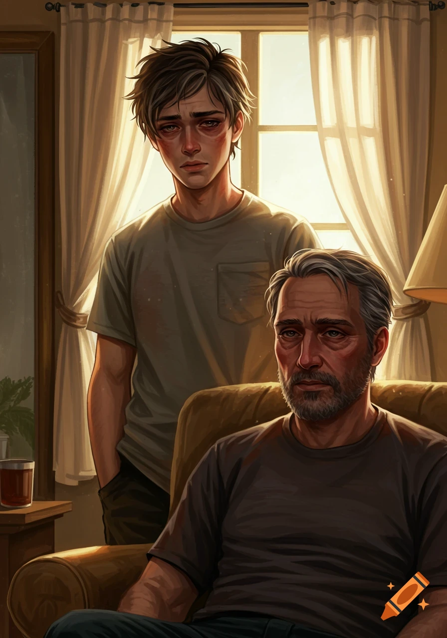 An illustrated scene of a distressed younger man standing behind a somber older man seated in a chair, with warm window light.