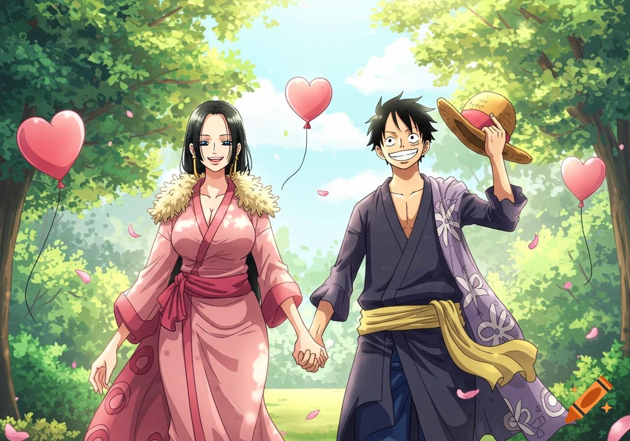 Anime characters Hancock and Luffy holding hands and smiling while walking through a park with heart balloons.