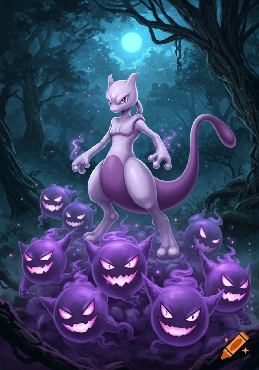 Mewtwo stands powerfully on a pile of glowing purple Gastly in a dark, moonlit forest, depicted in a digital art style.