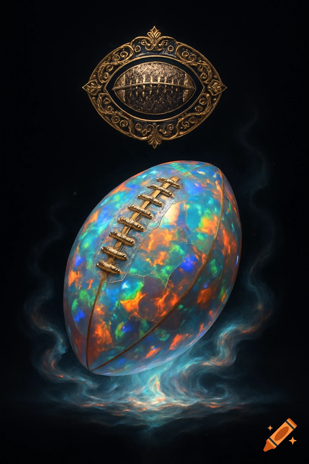 An iridescent opal American football glows with blue mist, beneath an ornate golden football-shaped emblem on a dark background.