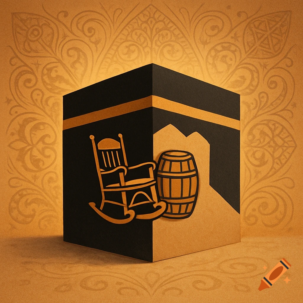 Stylized black and gold cubical structure resembling the Kaaba, with gold outlines of a rocking chair and barrel on its side, against a patterned gold background.