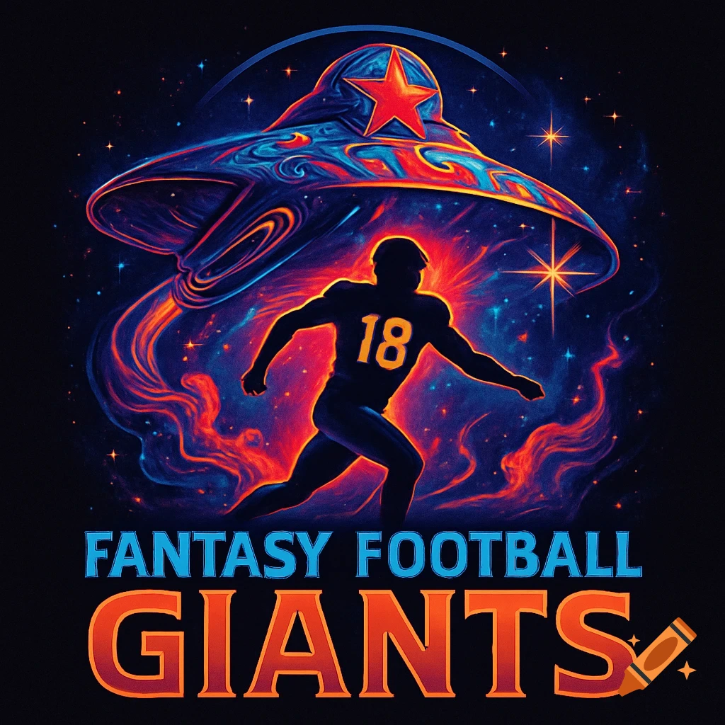 Stylized graphic of a football player with number 18 running under a UFO in a cosmic, starry background. Text reads 'FANTASY FOOTBALL GIANTS'.