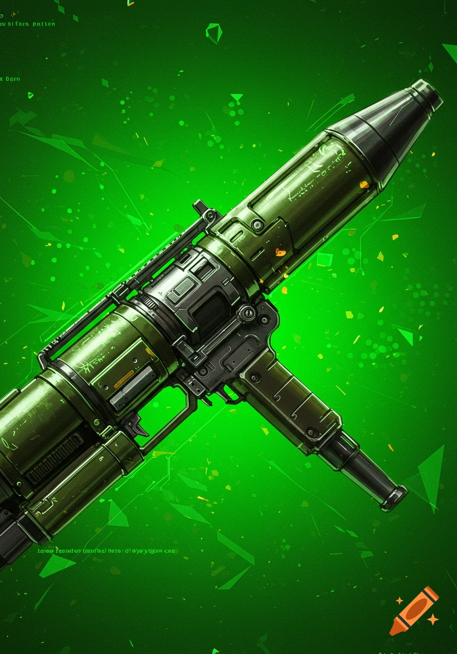 A futuristic, olive green rocket-propelled grenade launcher against a vibrant green background with abstract glowing particles.