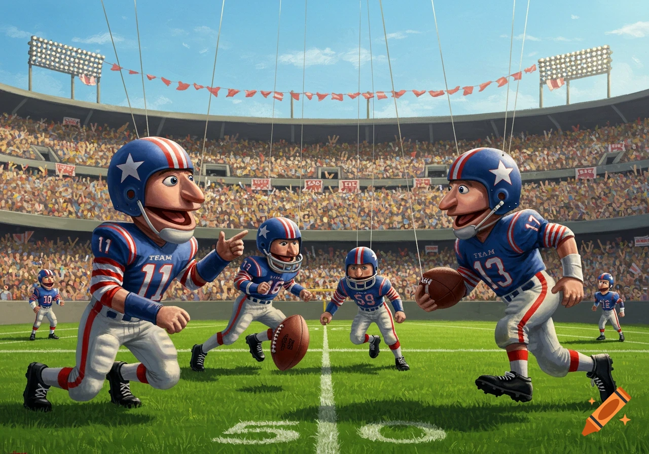 Cartoon puppets, stylized like Team America characters, play football on a green field in a packed stadium.