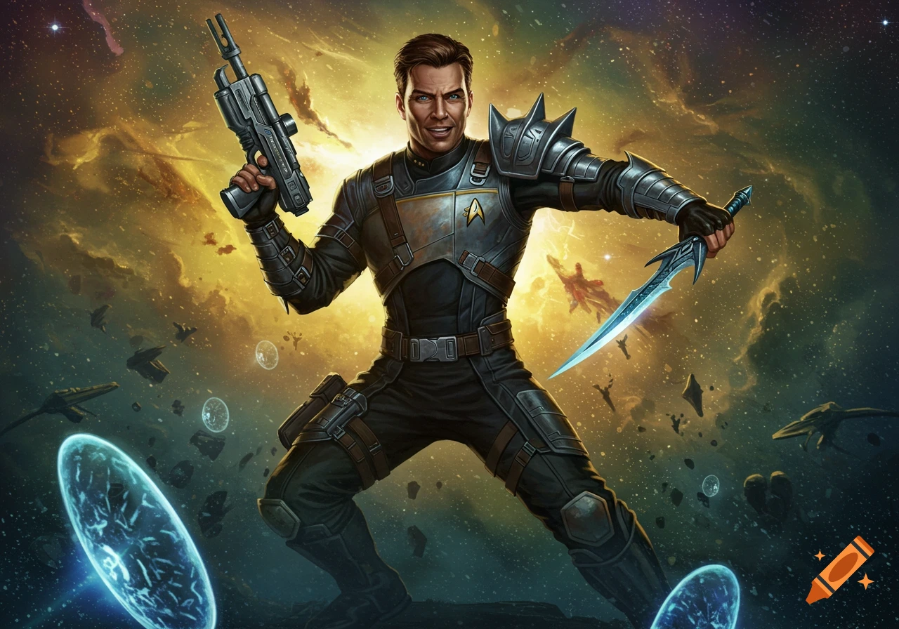 A man in Starfleet gladiator armor wields a rifle and glowing sword in a dynamic pose against a space background with ships and nebulas.