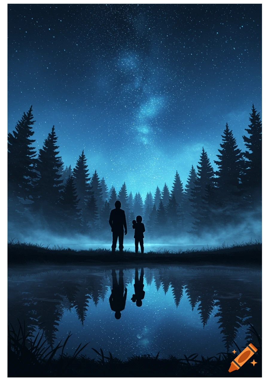 Digital art of an adult and child's silhouettes by a serene lake reflecting a starry night sky and forest.