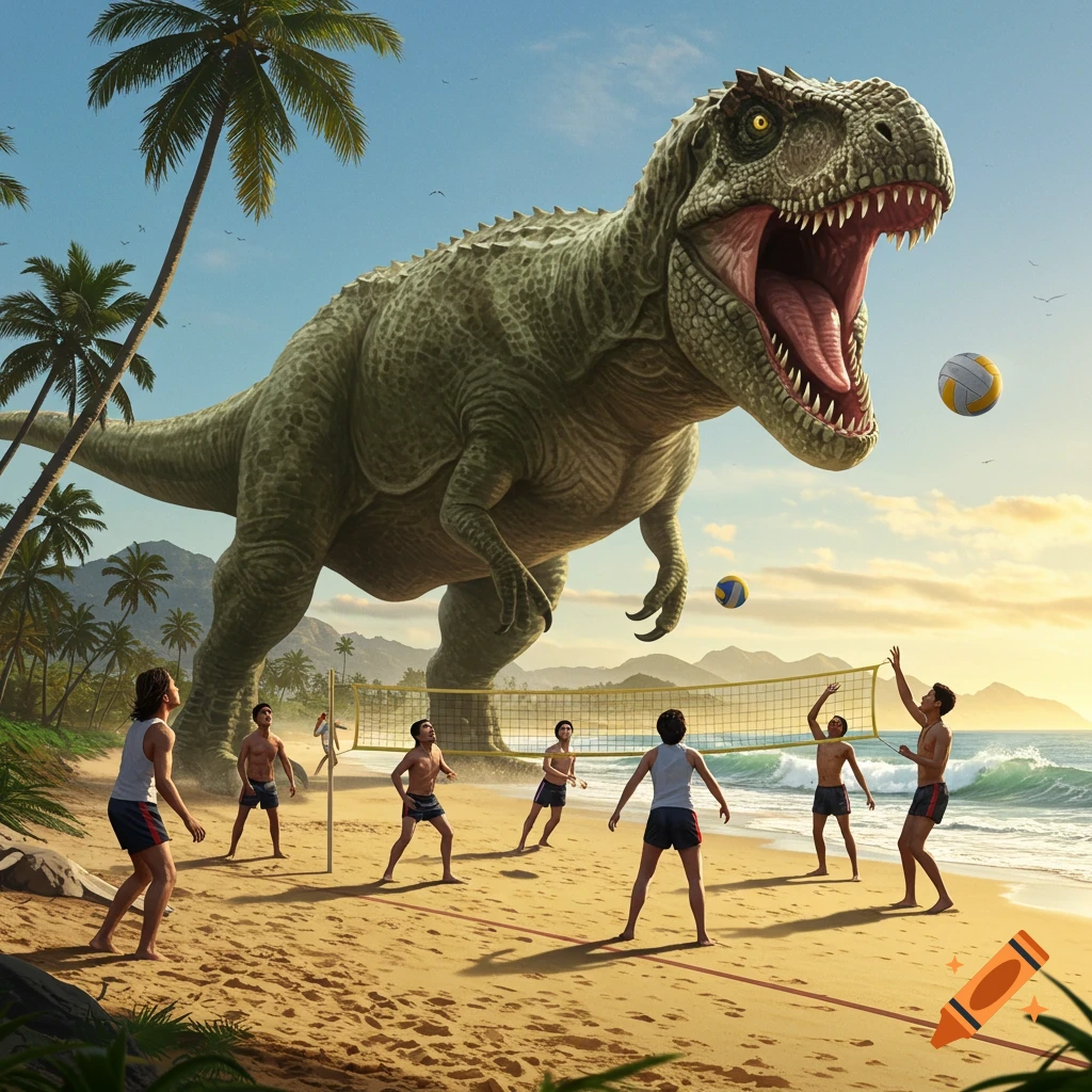 A giant Tyrannosaurus Rex roars over a group of men playing volleyball on a sunny tropical beach with palm trees and an ocean backdrop.