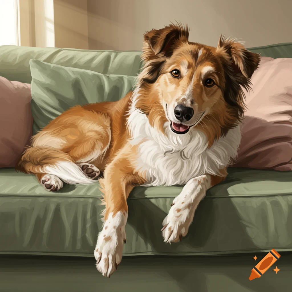 A friendly collie-mix dog with brown and white fur lies on a green couch, smiling at the camera, in a painterly style.