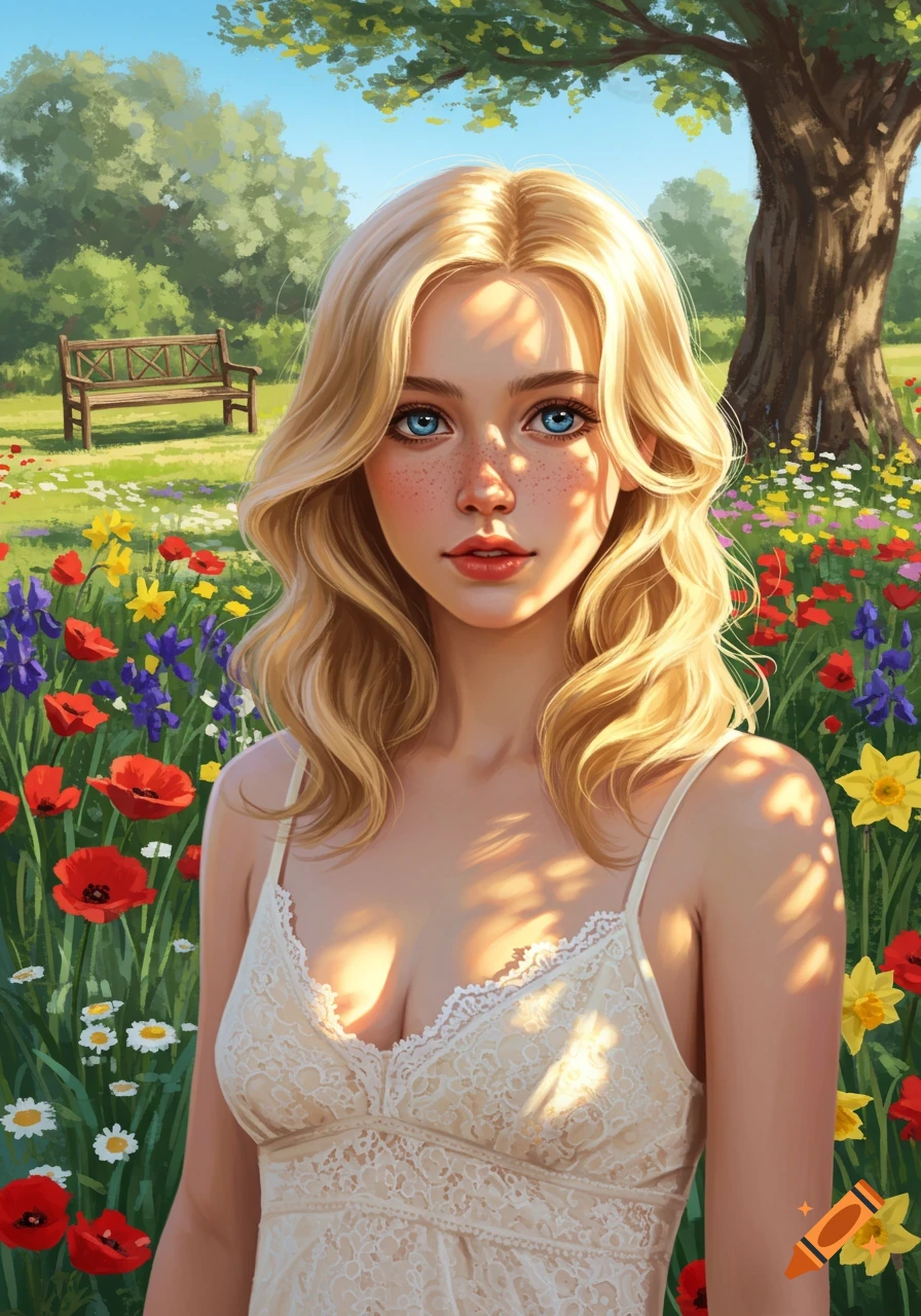 Digital painting of a blonde woman with blue eyes and freckles standing in a field of colorful wildflowers under dappled sunlight.