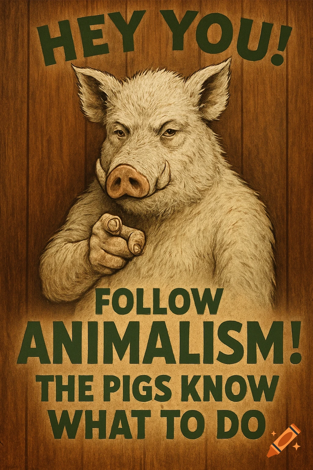 Vintage poster of a white boar pointing at the viewer, with text 'HEY YOU! FOLLOW ANIMALISM! THE PIGS KNOW WHAT TO DO' on wood planks.