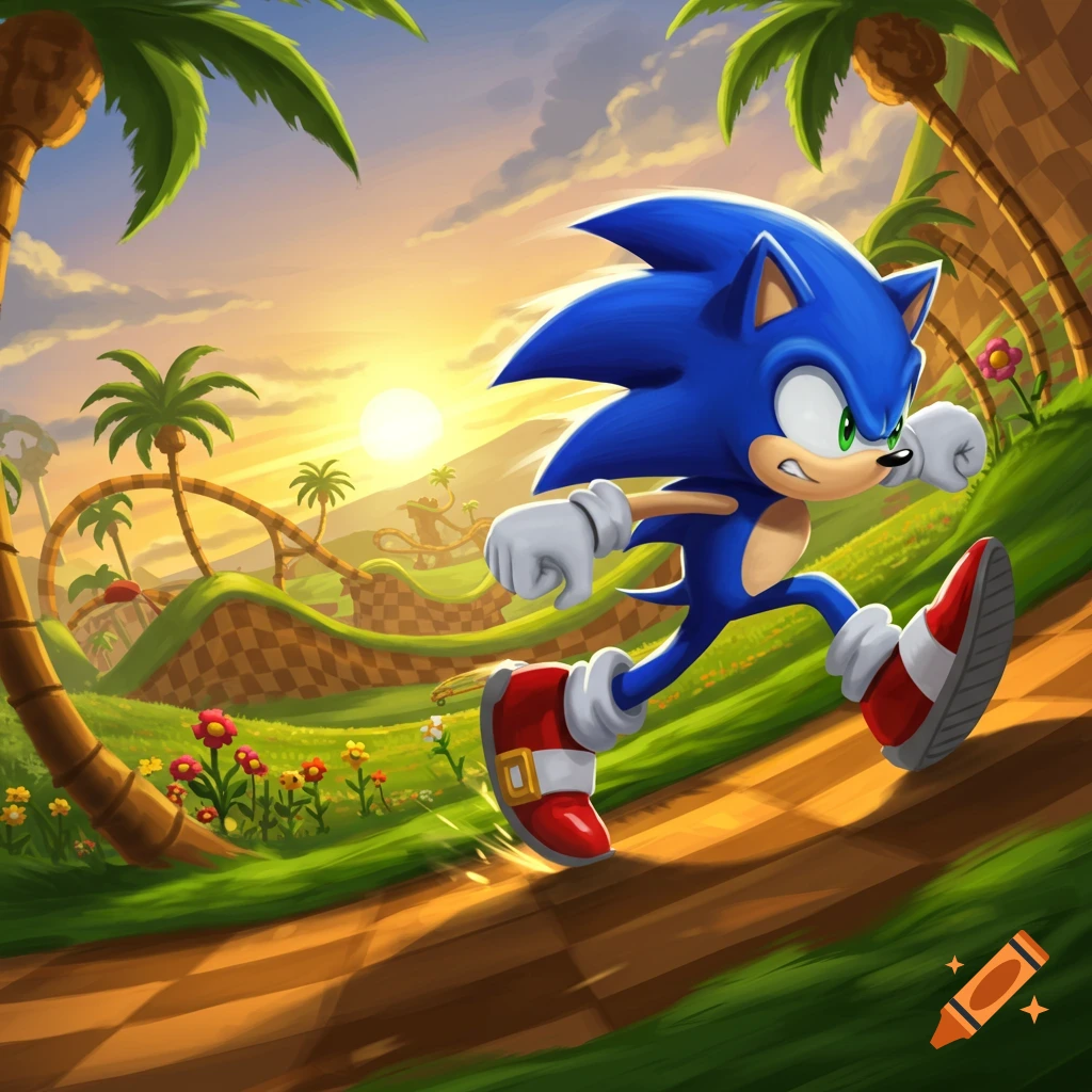 Sonic the Hedgehog runs uphill on a dirt path through a vibrant Green Hill Zone-like landscape at sunset.