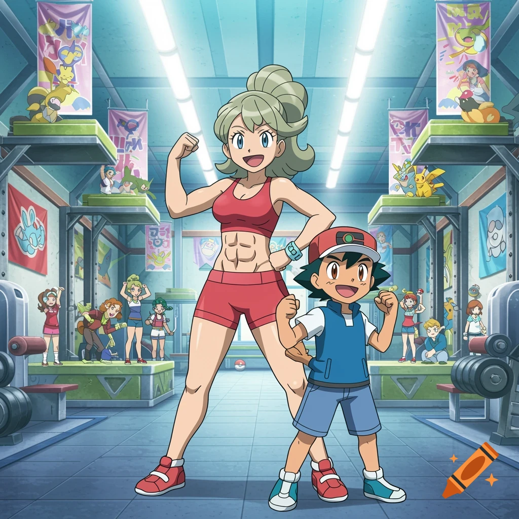 Ash and a muscular blonde woman flex in a gym with Pokémon banners and other trainers, in an anime style.