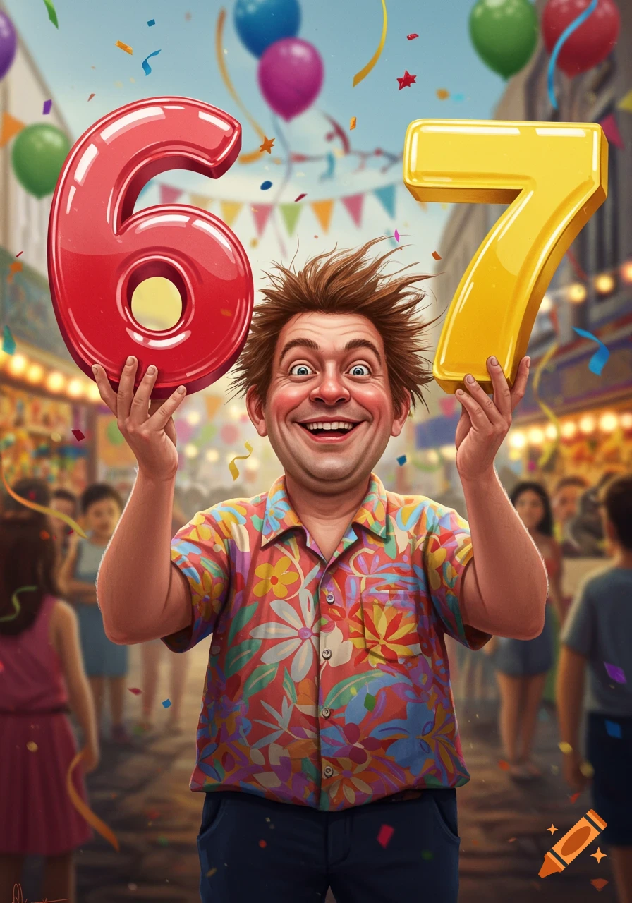 A silly, cartoonish man with wild hair holds a red number 6 and a yellow number 7 at a vibrant street festival.