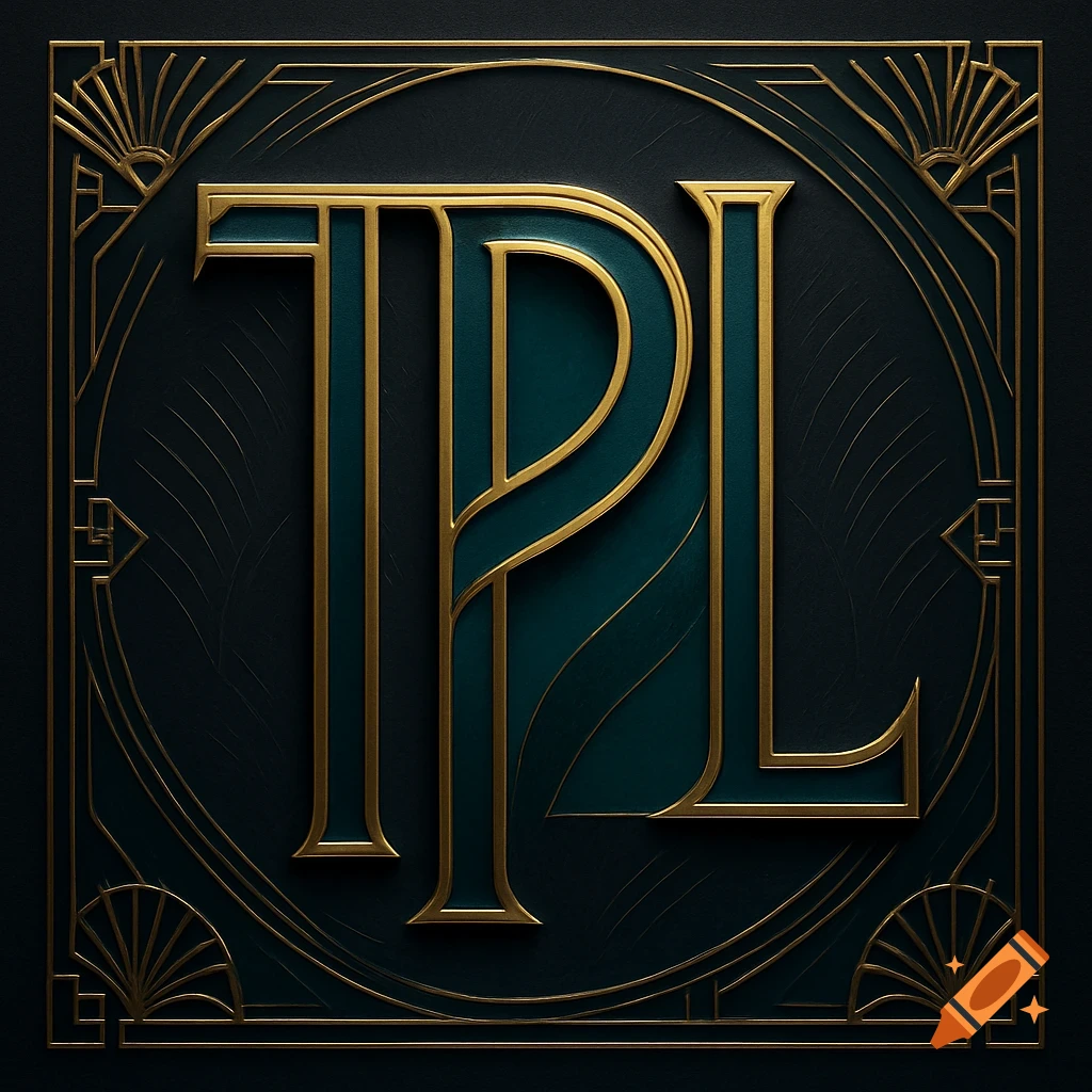 An Art Deco style monogram featuring the letters TPL in embossed gold and teal, set against a dark background with intricate gold line patterns.