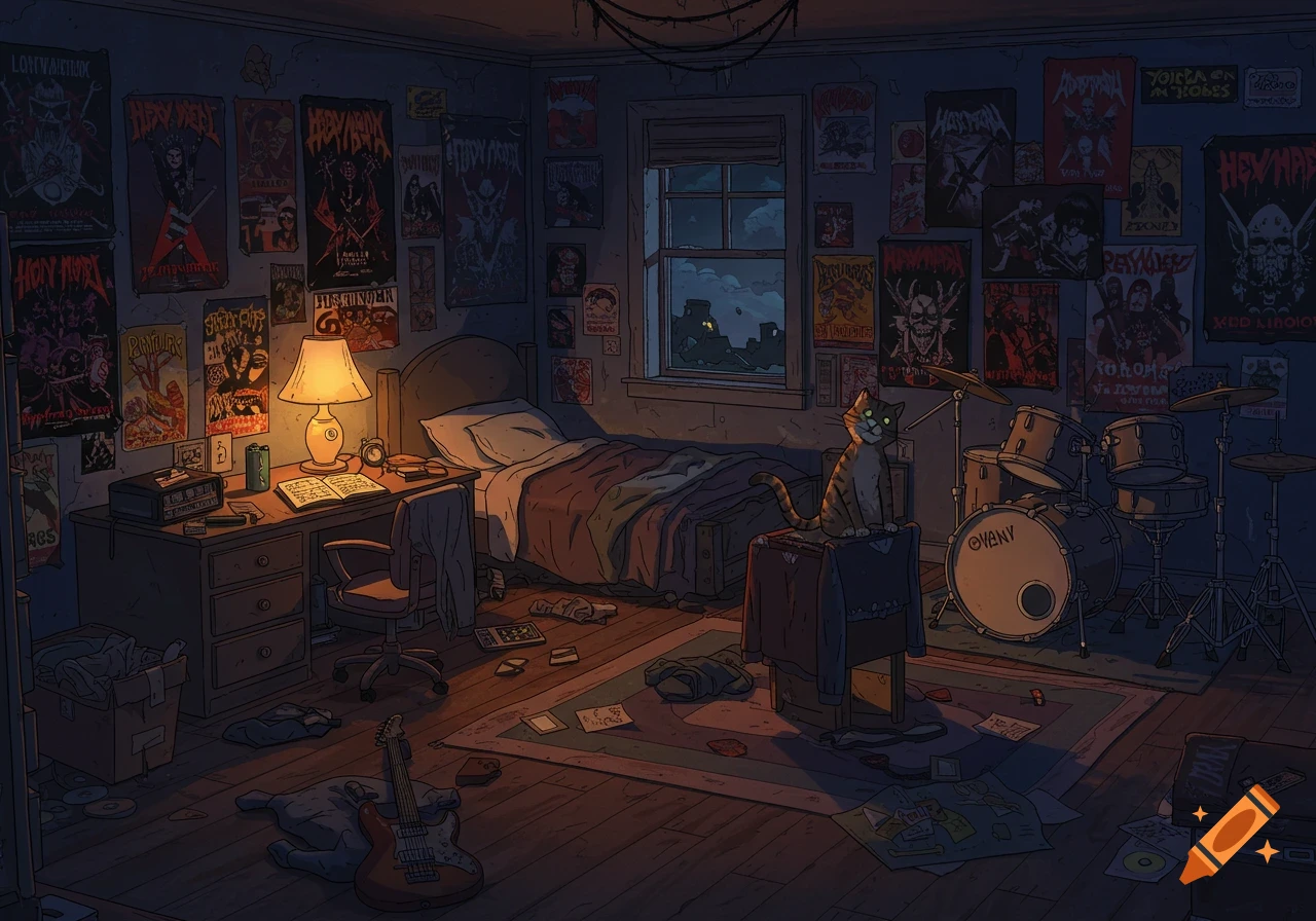 A messy bedroom at night with a tabby cat sitting on a stool. The room has a bed, a desk with a lamp, a drum set, and walls covered in band posters. An electric guitar lies on the floor.