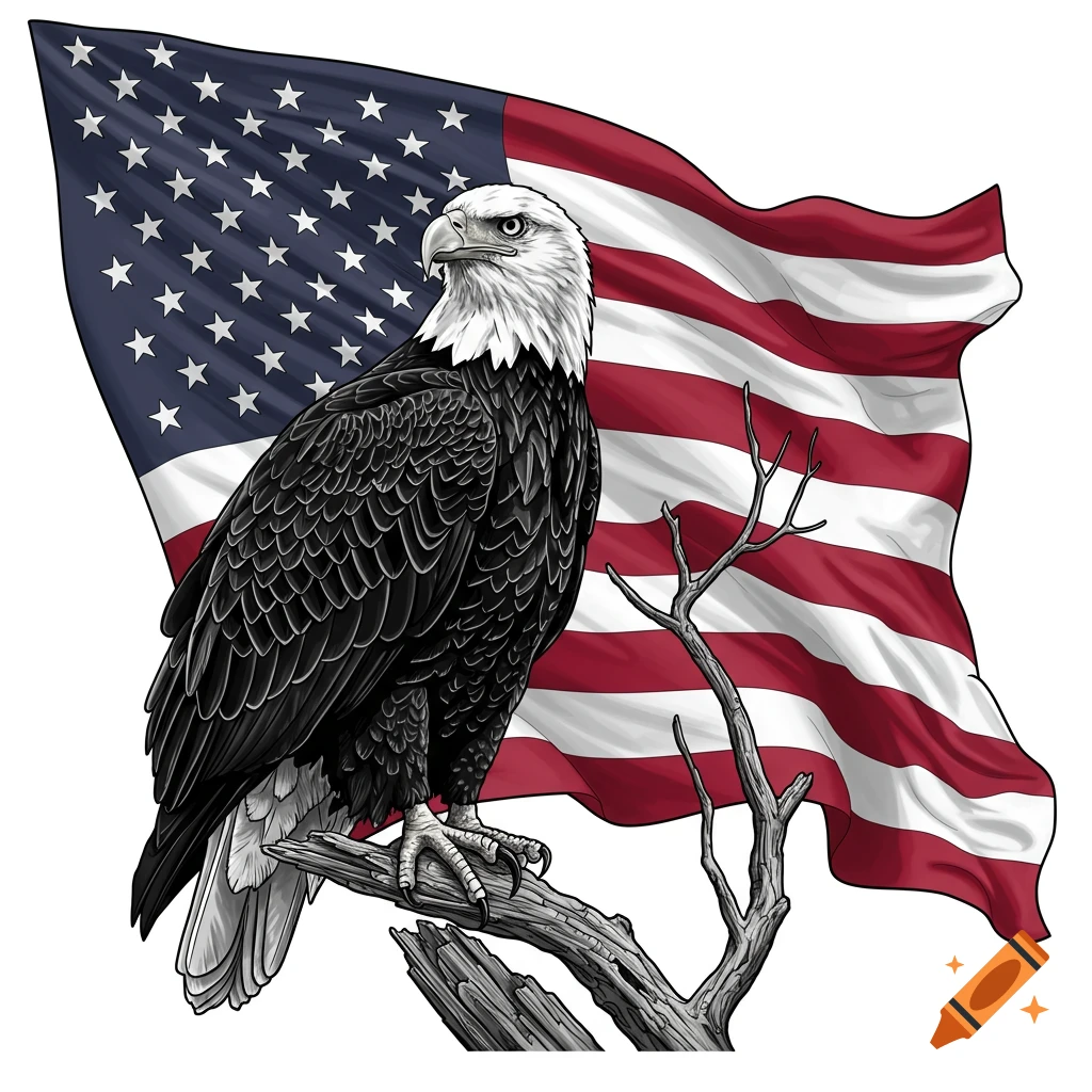 Detailed illustration of a bald eagle perched on a bare tree branch, with a waving American flag in the background, all on a white background.