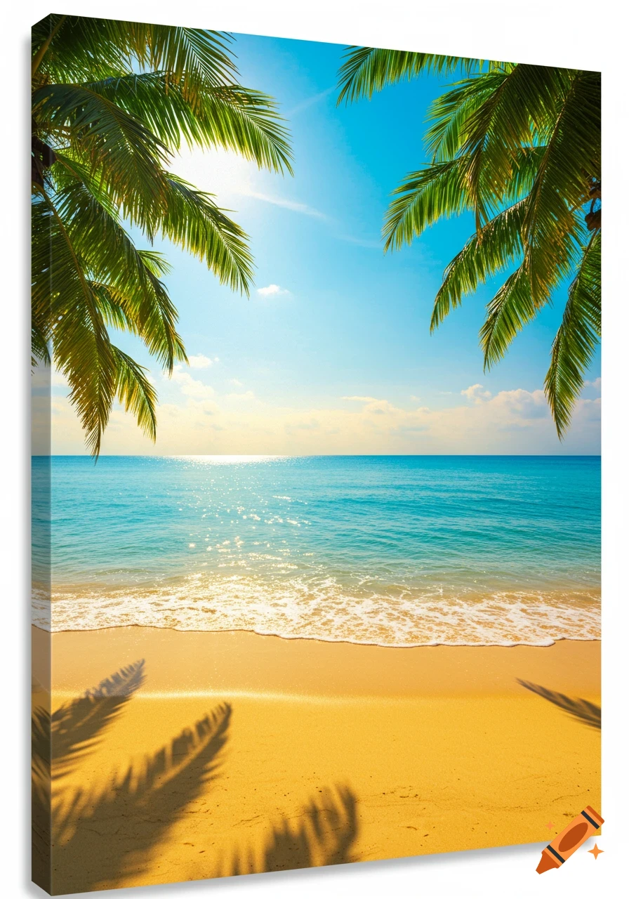 Sunlit tropical beach with palm tree shadows on golden sand, turquoise ocean, and clear blue sky.