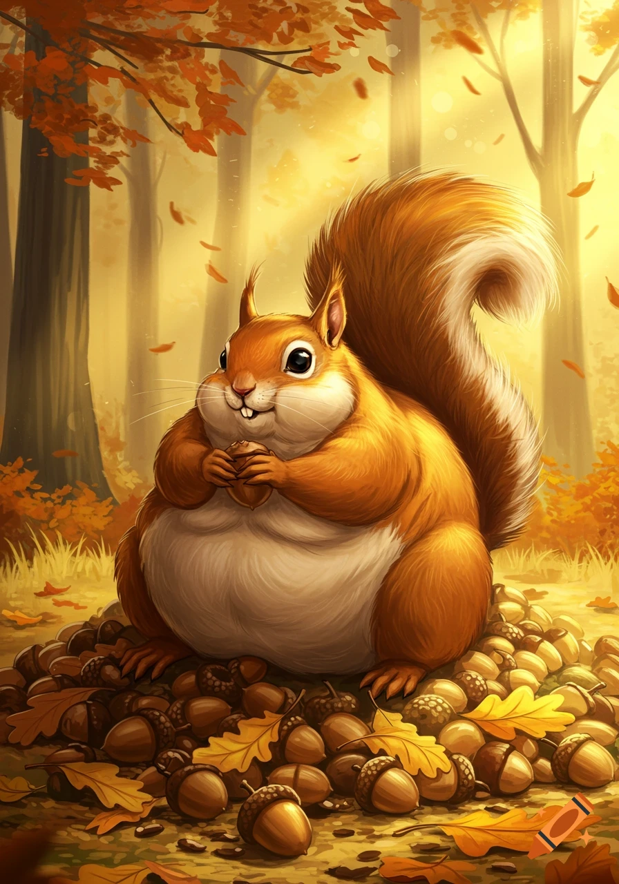 A very chubby, happy squirrel sits on a mound of acorns and fallen autumn leaves in a warm, sunlit forest.