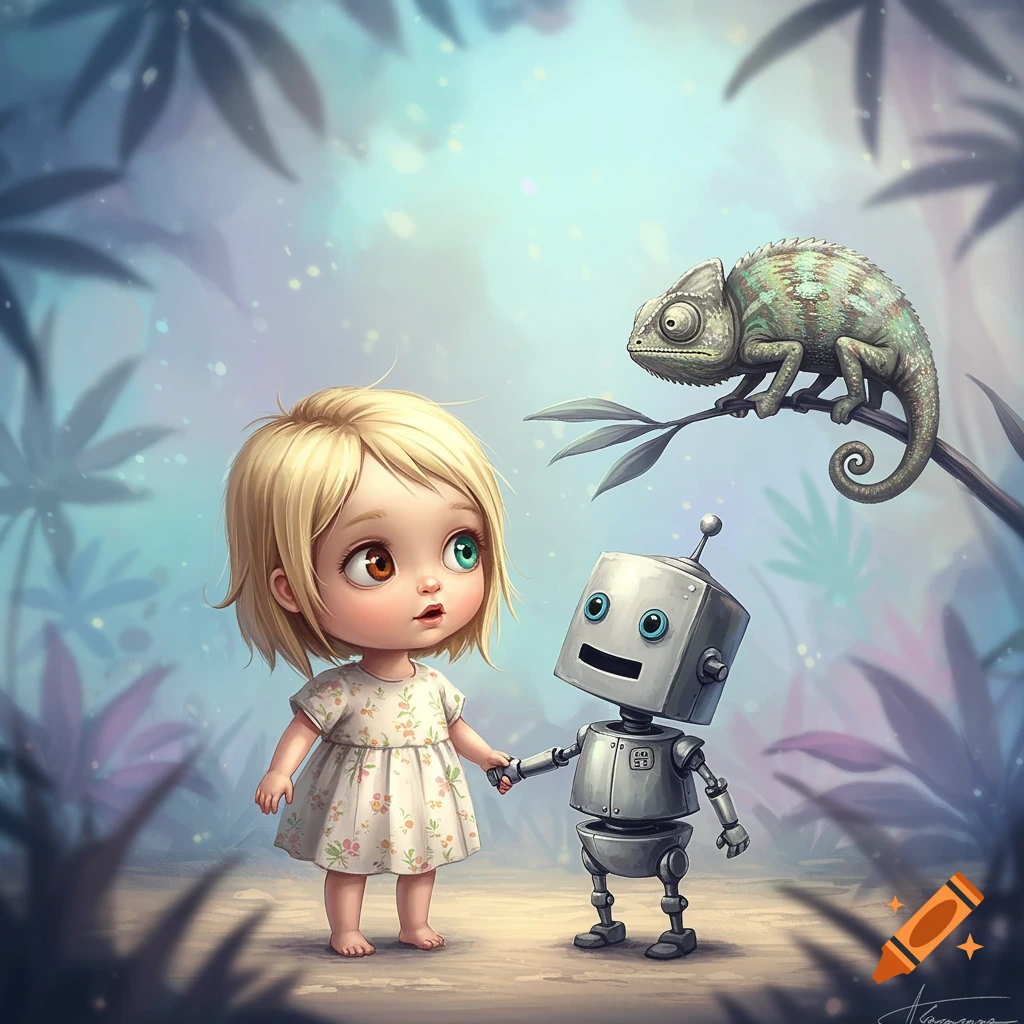 A cute blonde girl with heterochromia holds hands with a silver robot, both looking at a green chameleon perched on a branch. They are in a whimsical, pastel-toned forest.