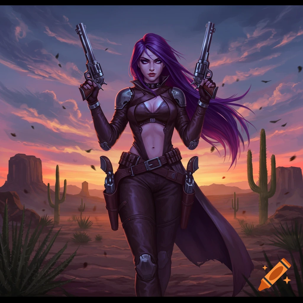 A female gunslinger with long purple hair and purple eyes stands in a desert at sunset, holding two revolvers, in a digital fantasy art style.