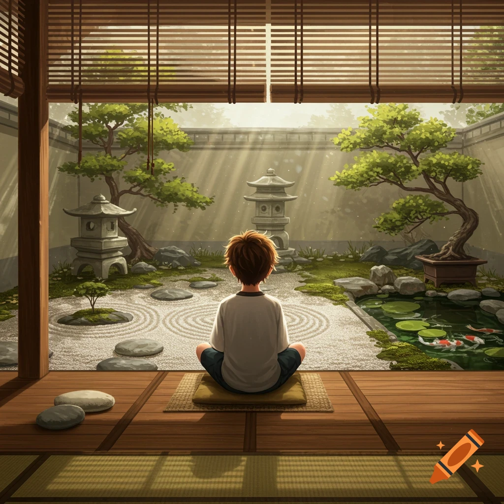 An anime-style boy meditates on a mat, facing a serene Japanese rock garden with lanterns, a pond with koi, and bonsai trees.