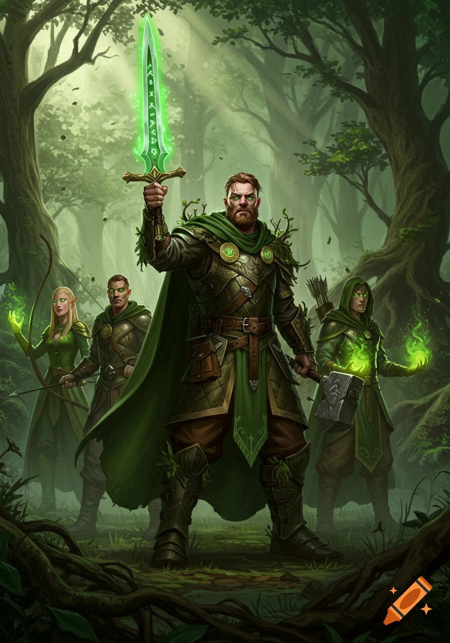 Fantasy warriors in green armor stand in a lush forest, one holding a glowing green sword. Digital art.