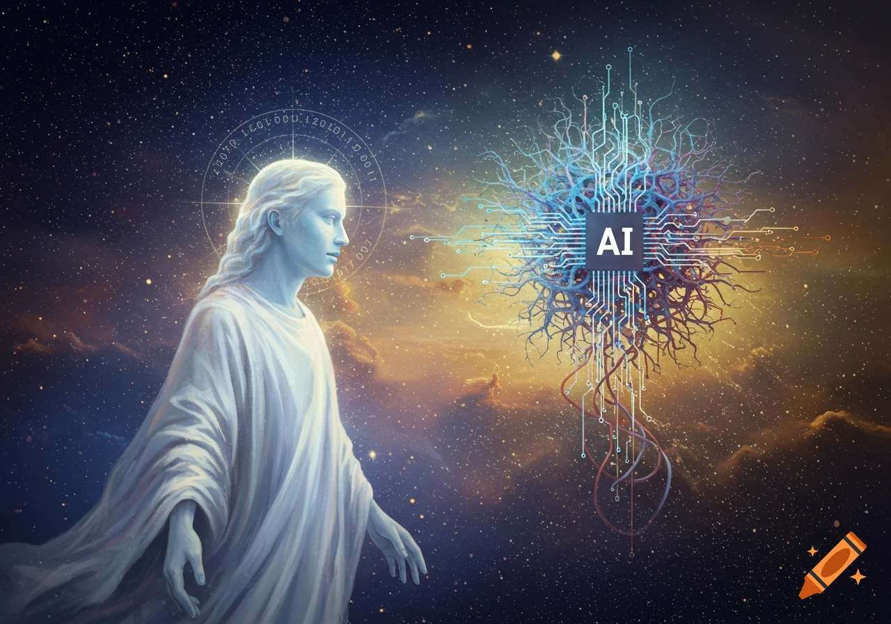 A divine figure in white robes with a binary halo looks at a glowing AI chip in a cosmic starry sky.