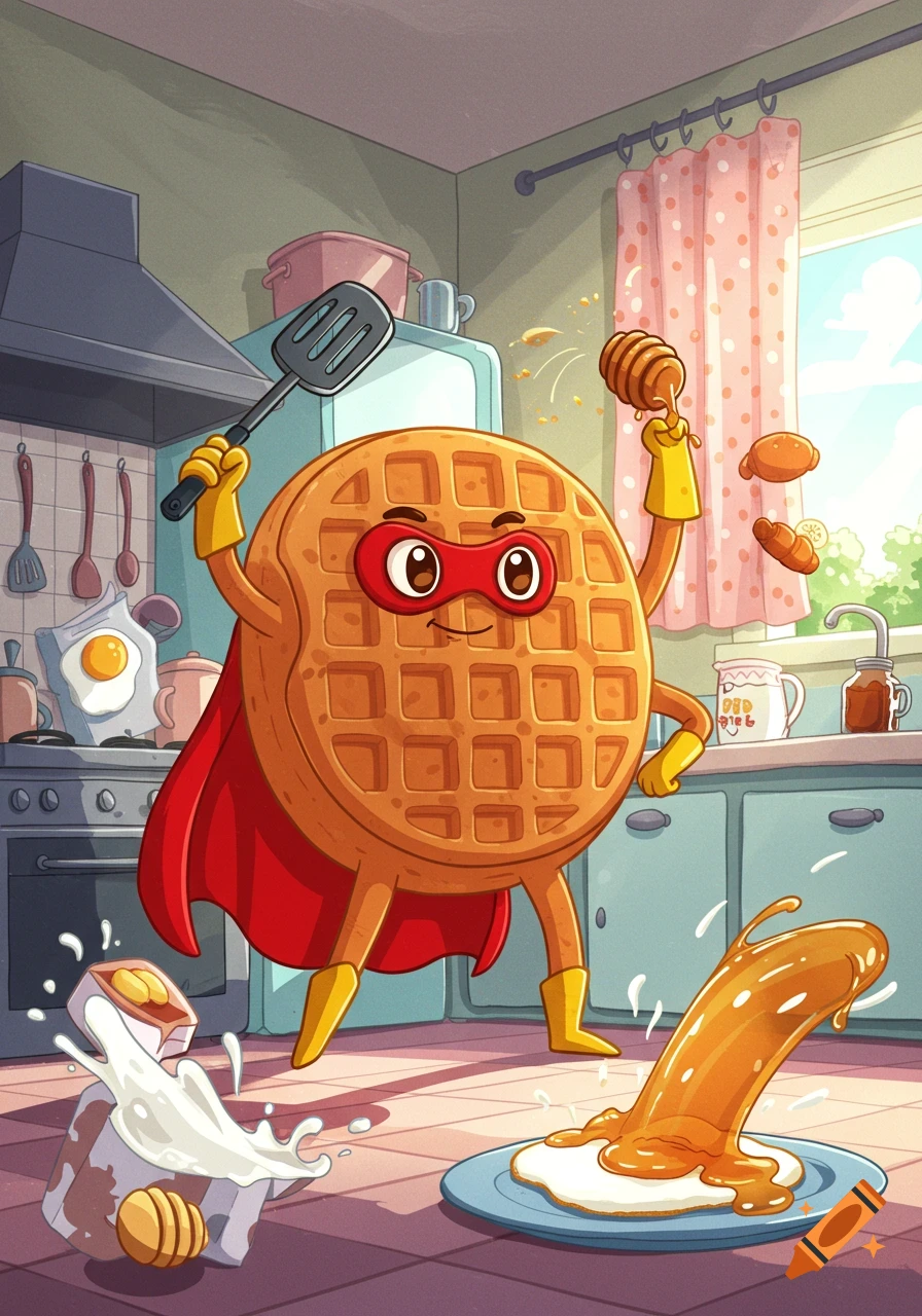 A cartoon superhero waffle in a red cape and yellow gloves holds a spatula and honey dipper in a kitchen with spilled milk and syrup.