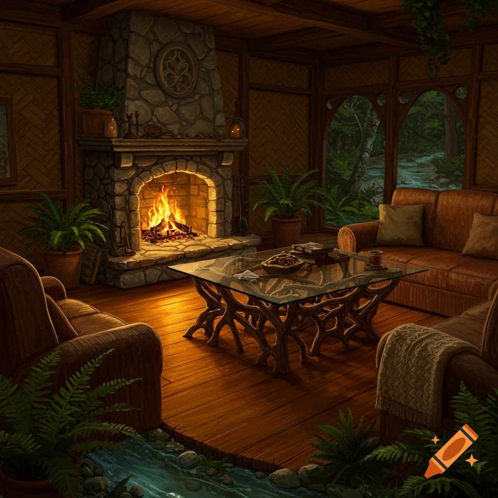 A cozy rustic living room with a lit stone fireplace, a glass coffee table with gnarled root legs, and a stream flowing indoors.