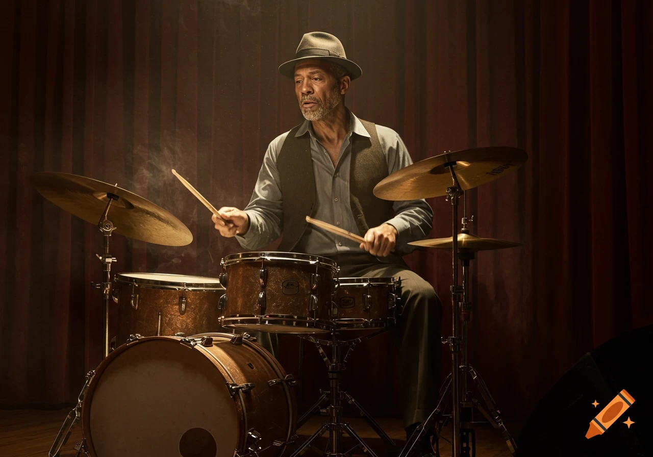 A man in a hat and vest plays drums on a dimly lit stage with a red curtain backdrop, smoke in the air.