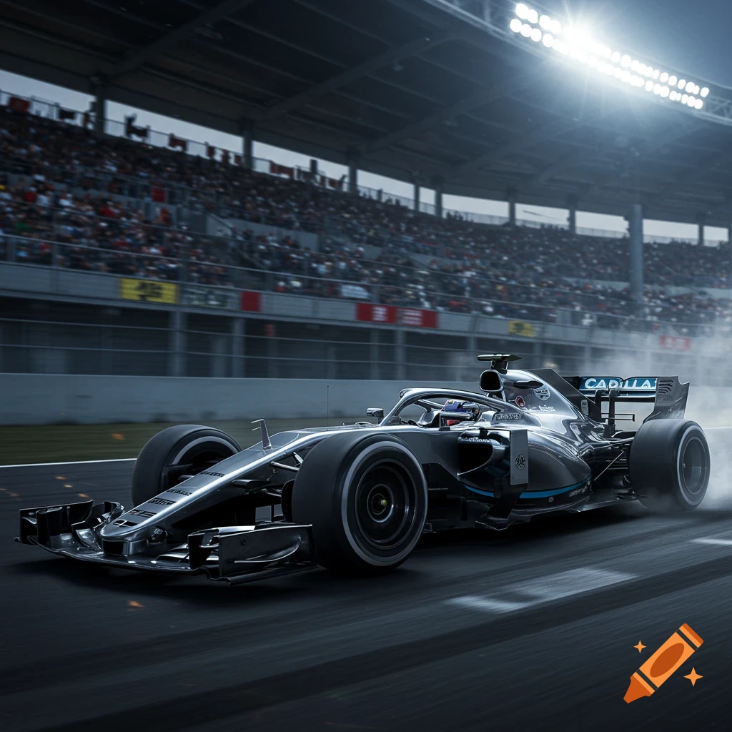 A photorealistic silver and black Formula 1 car races on a track, with a stadium and spectators in the background, emitting smoke.