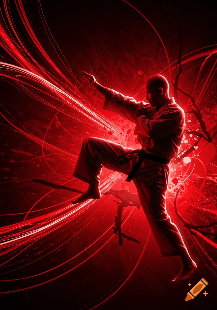 A bald martial artist in a white gi striking a dynamic karate pose against an energetic, abstract red and black digital background.