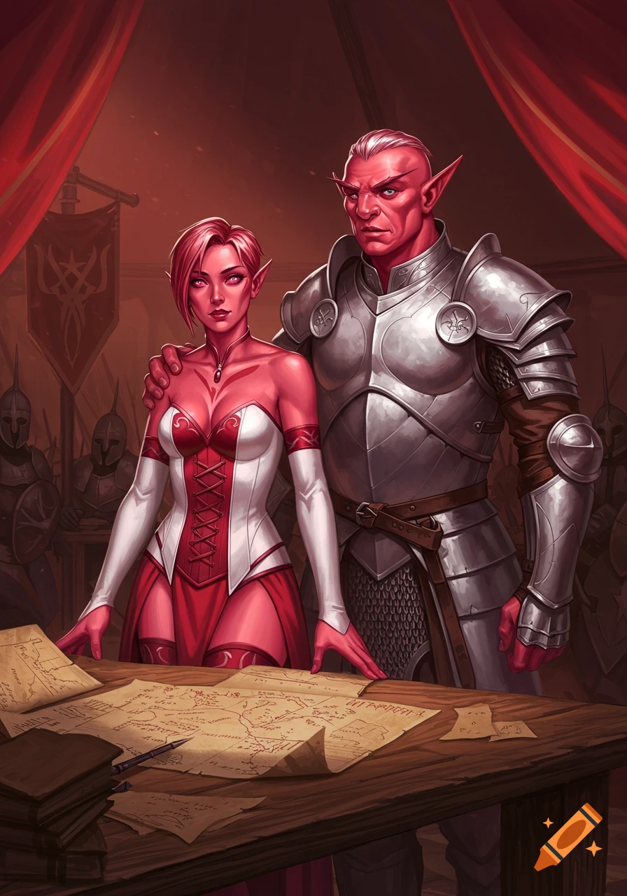 Fantasy art of a red-skinned male elf in plate armor and a female elf in a red and white corset dress standing over war plans in a tent.