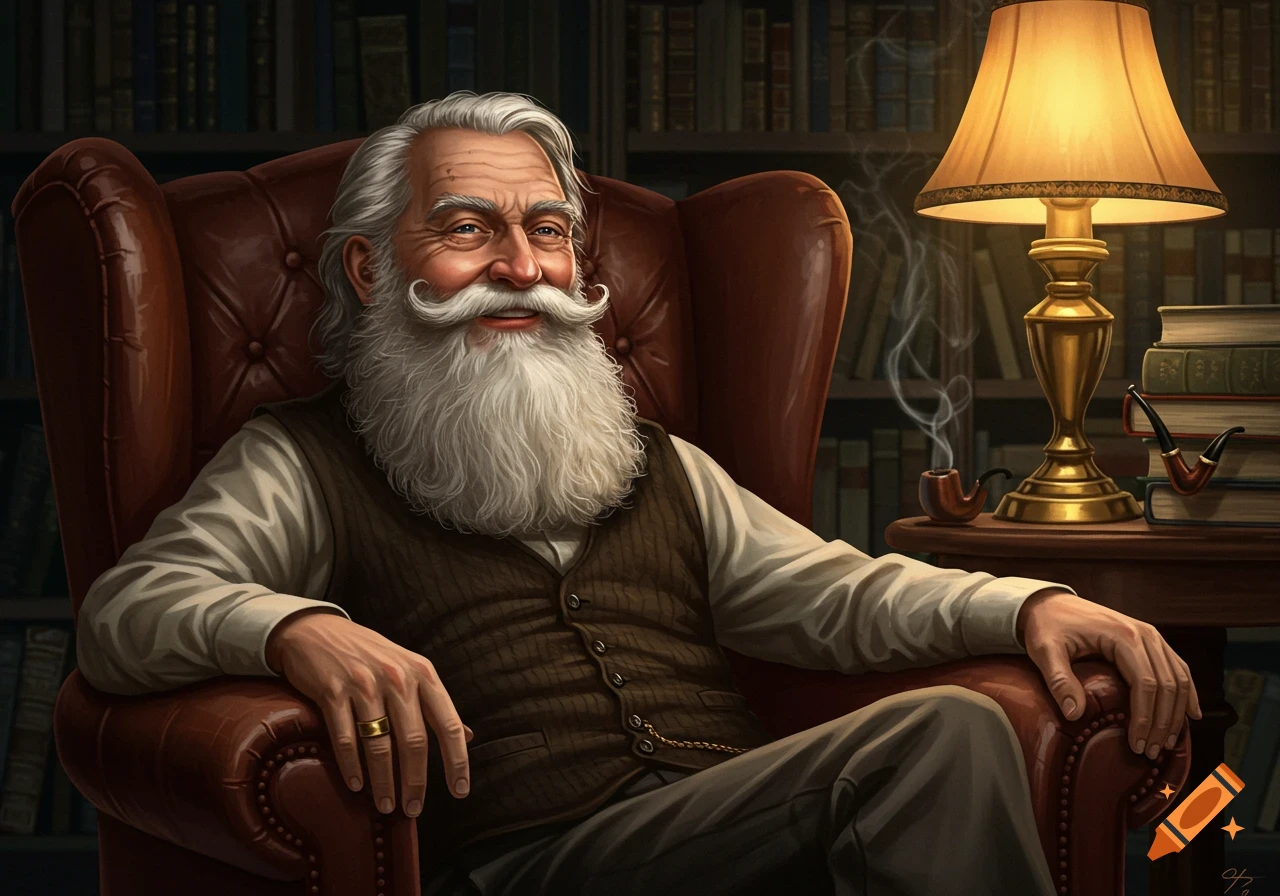 A distinguished old man with a long white beard and mustache sits in a leather armchair in a library, smoking a pipe, under a warm lamp. Realistic art style.