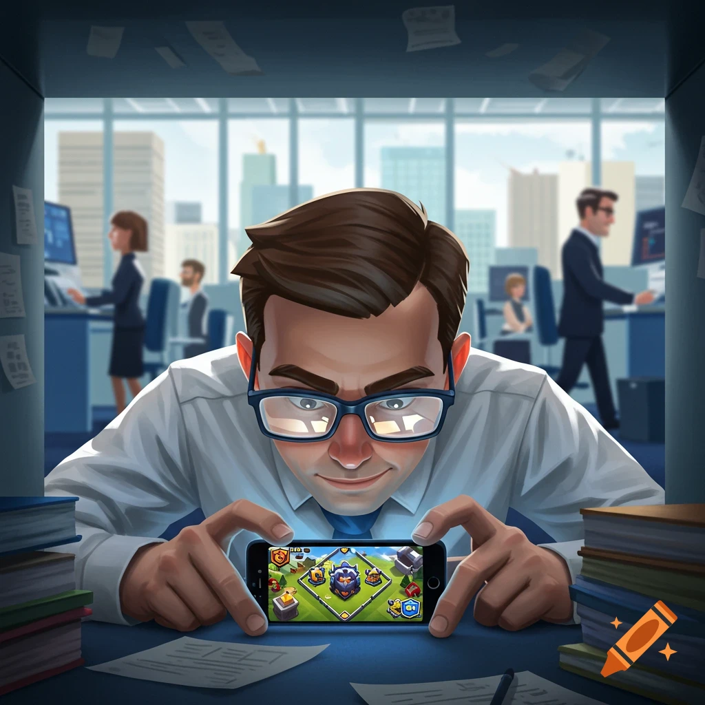 A stylized illustration of an office worker secretly playing a mobile game on his smartphone at his desk in a busy office.