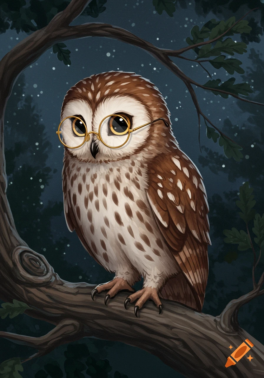 A whimsical illustration of a brown and white owl with round gold glasses perched on a tree branch at night.