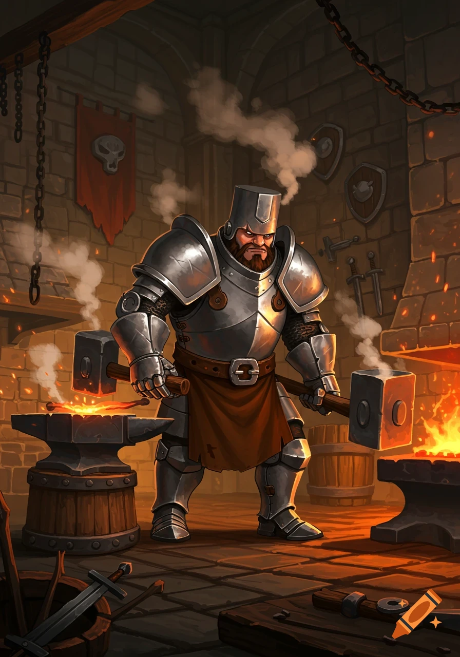 A heavily armored blacksmith with a beard, holding two large hammers in a dark, fiery forge with an anvil.