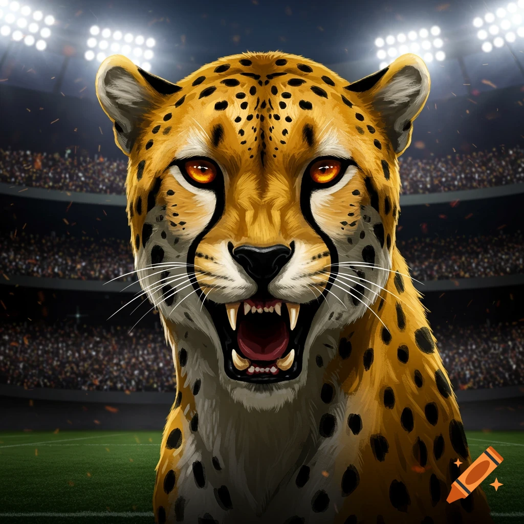 A fierce cheetah head with glowing orange eyes roaring, depicted in an illustration style against a blurred football stadium background.