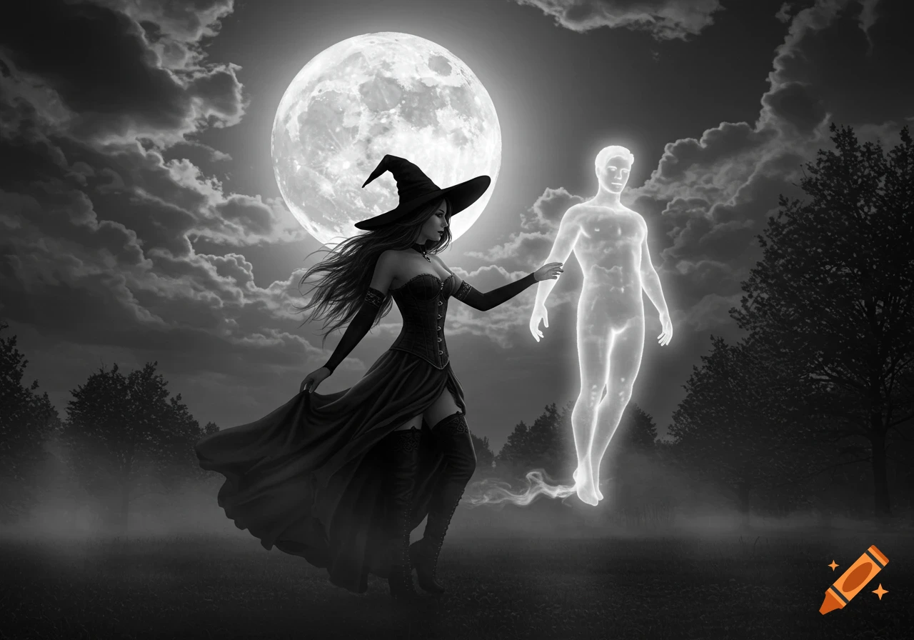 Black and white gothic fantasy illustration of a witch reaching towards a glowing ghost under a full moon in a misty night.