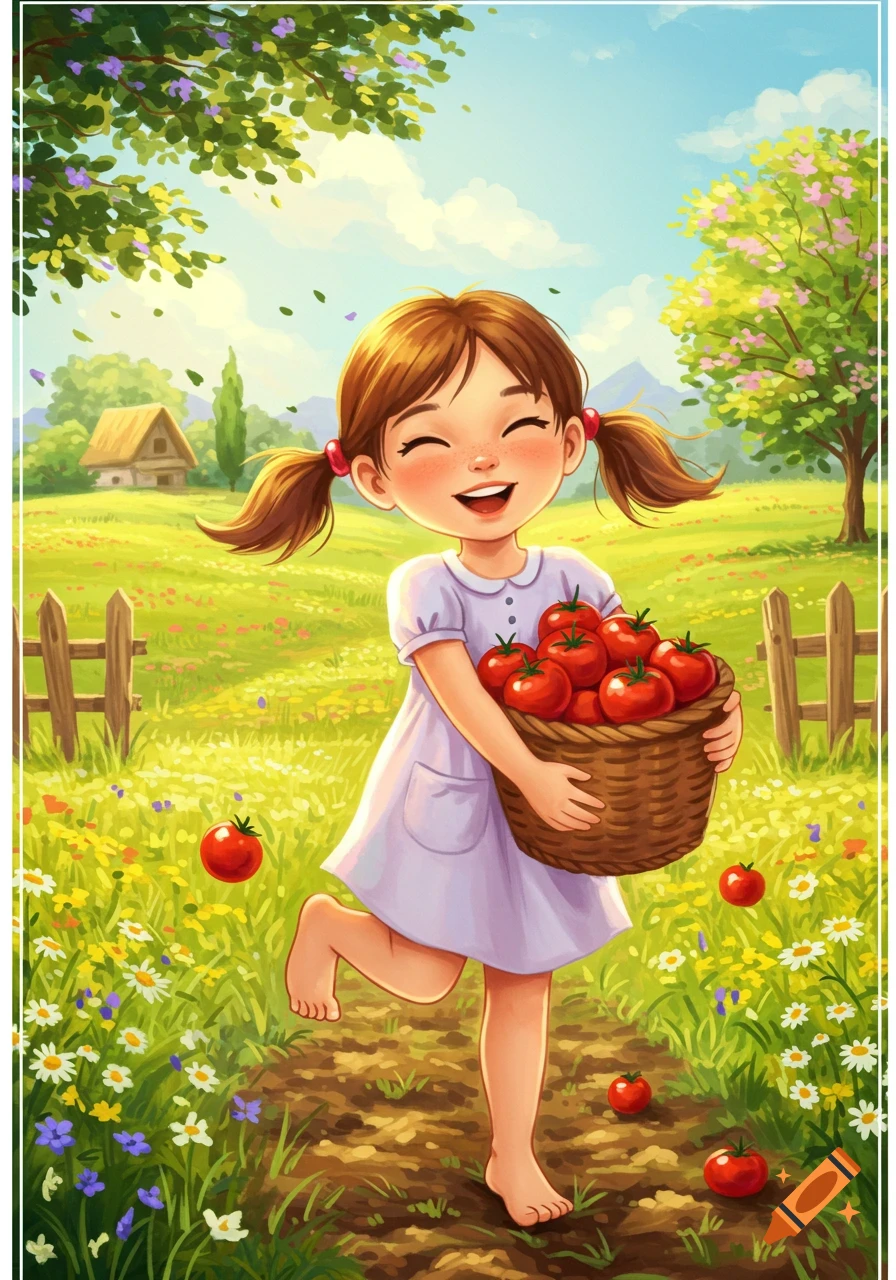 A happy cartoon girl with pigtails carries a basket of red tomatoes through a sunny, flower-filled field with a farm in the background.