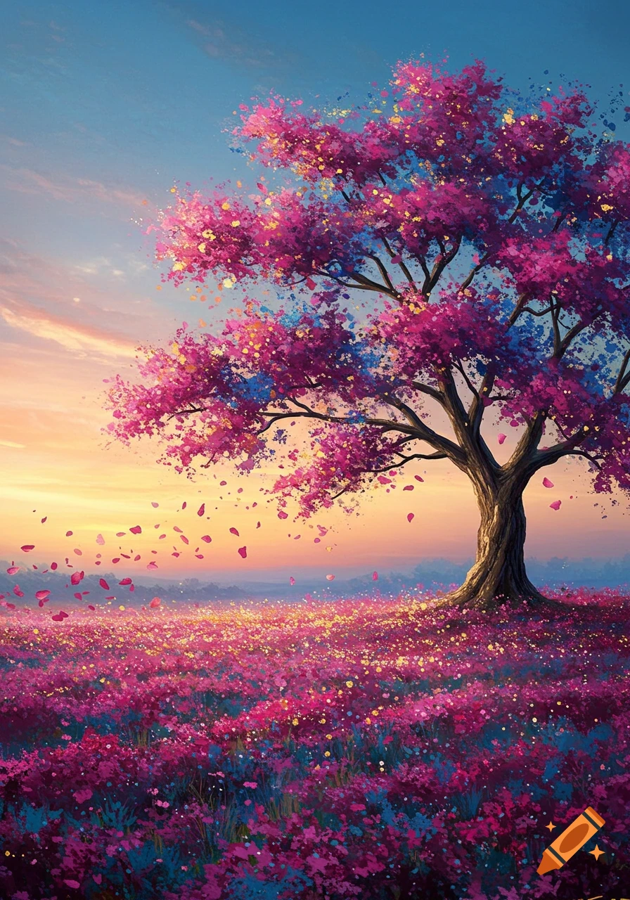 Vibrant, stylized painting of a blossoming pink and blue tree shedding petals into a field of colorful flowers at sunset.