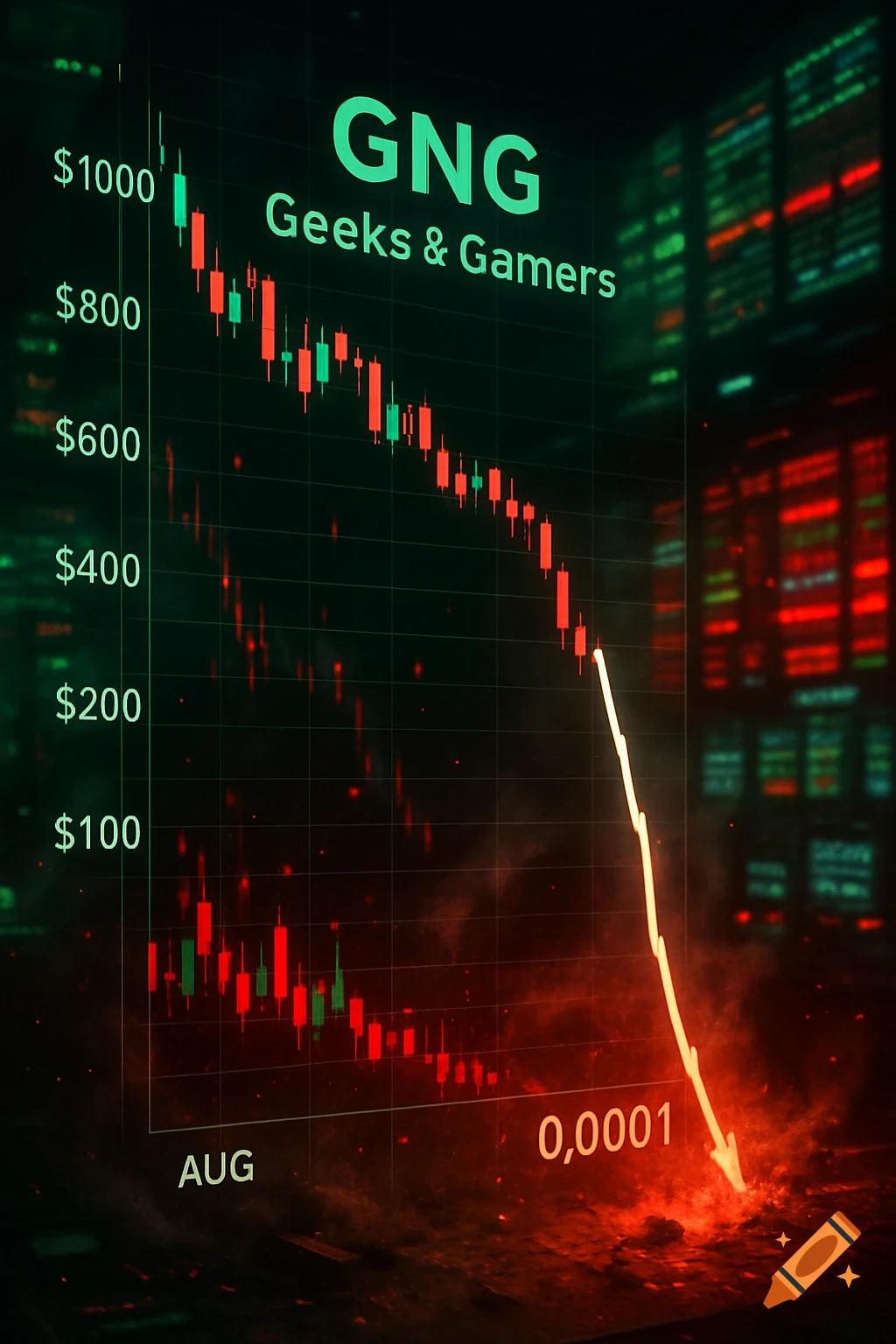A dark stock chart for "GNG Geeks & Gamers" showing a dramatic price drop from $1000 to $0.0001, with the falling line ending in a fiery impact.