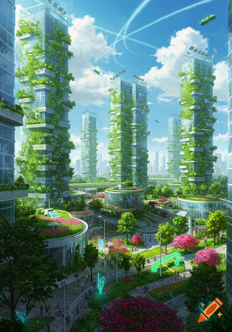 A vibrant, detailed illustration of a futuristic eco-city with green skyscrapers, parks, and flying cars under a blue sky.