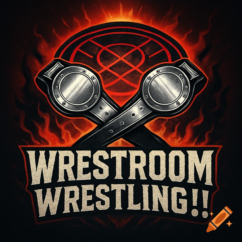 Wrestroom Wrestling!! logo with two crossed wrestling championship belts on a fiery red and black background.